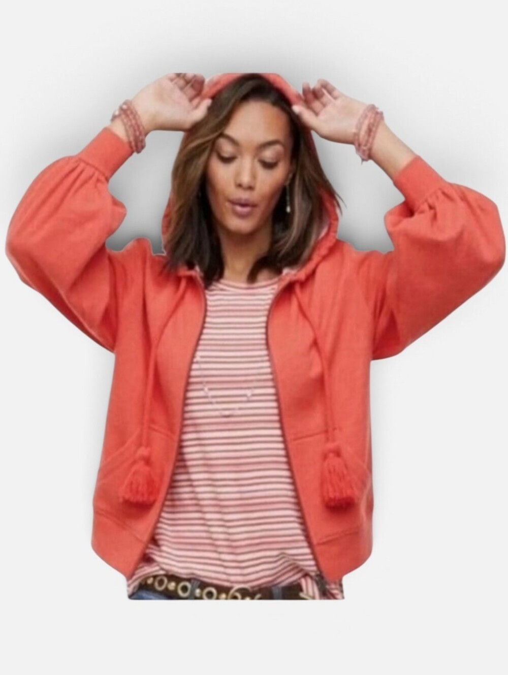 Cabi Coral Zip Up Hoodie Balloon Sleeve Sweatshirt Tassel Boho Cozy Size Small